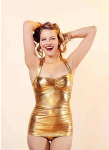 Esther Williams Glitz Golden 1950’s Retro Swimsuit £73.00 Love the vintage but only goes up to a UK 18. And in this suit they suggest,"Tip: Buy one size up as the fabric is less stretchy than your ordinary swimsuit." :(