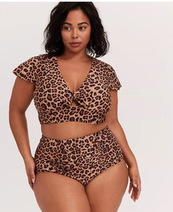 LEOPARD TIE FRONT WIRELESS SWIM CROP TOP $41.65/$59.50